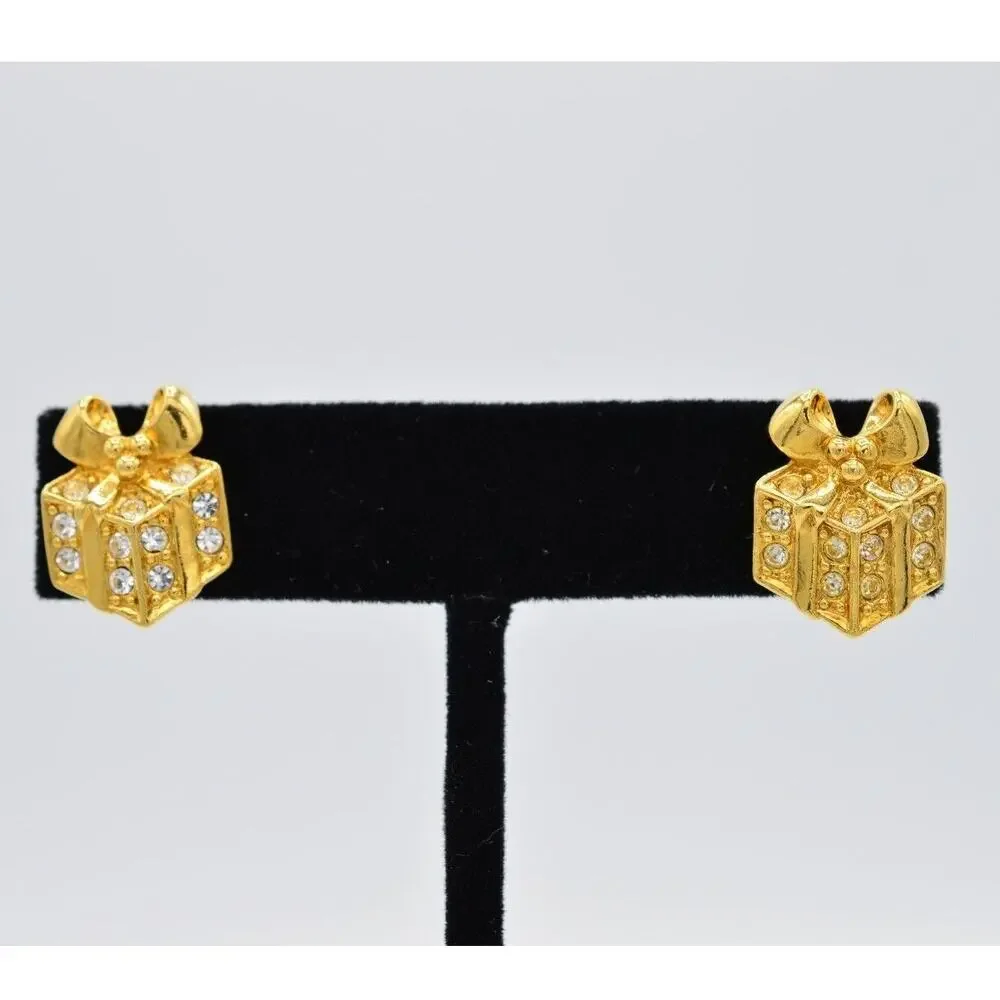Avon Vintage Earrings Rhinestone Crystal Gold Gift Box Present Holiday Signed 9H